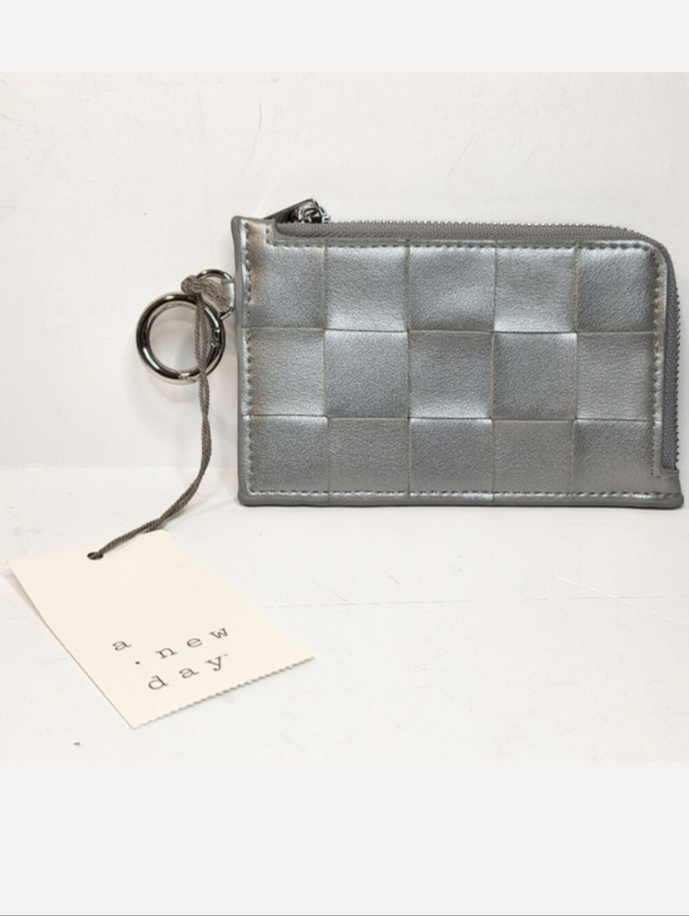Pocket Size Card Case Small Wallet Keychain Woven Metallic Silver Faux Leather
